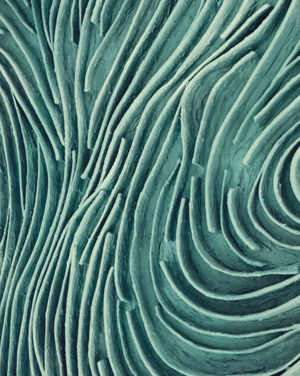 Detail of a Mar de Ensueños panel: swirling ridges in deep teal